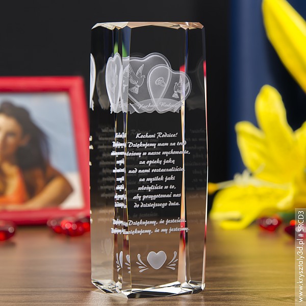 Serca 3D - Szklana statuetka na ślubny prezent dla Rodziców